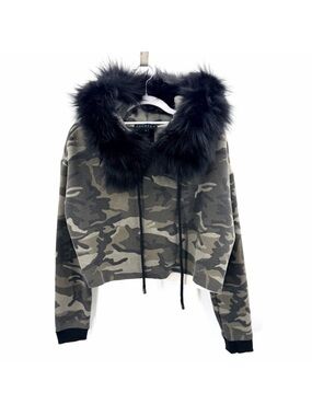 Jocelyn Camouflage Cropped Fox Fur Hood Trim Hoodie Sweatshirt Womens Medium